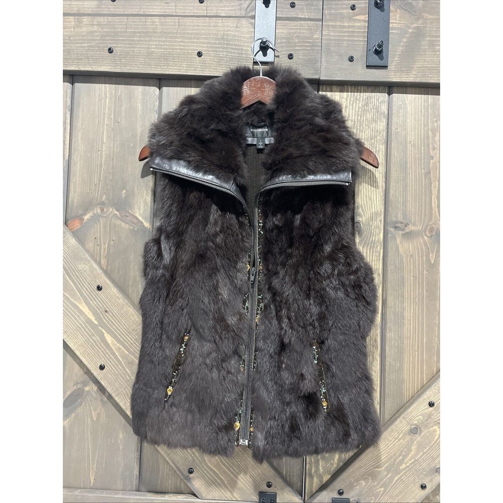 Colebrook Rabbit Fur Sweater Vest Embroidered Beaded Trim Brown Front Zip Large